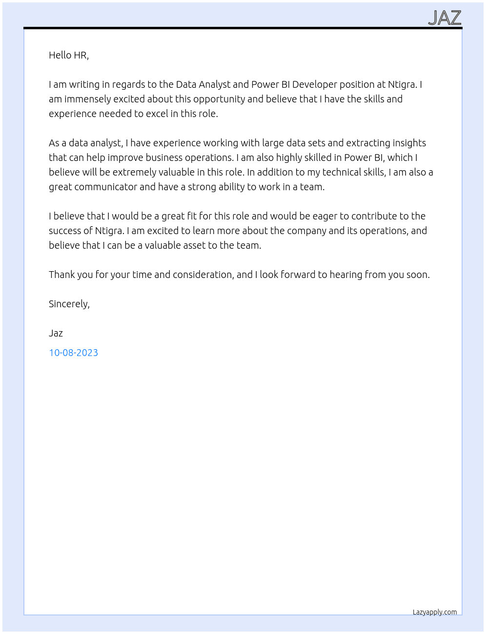 Data Analyst and Power BI Developer At Ntigra Cover Letter