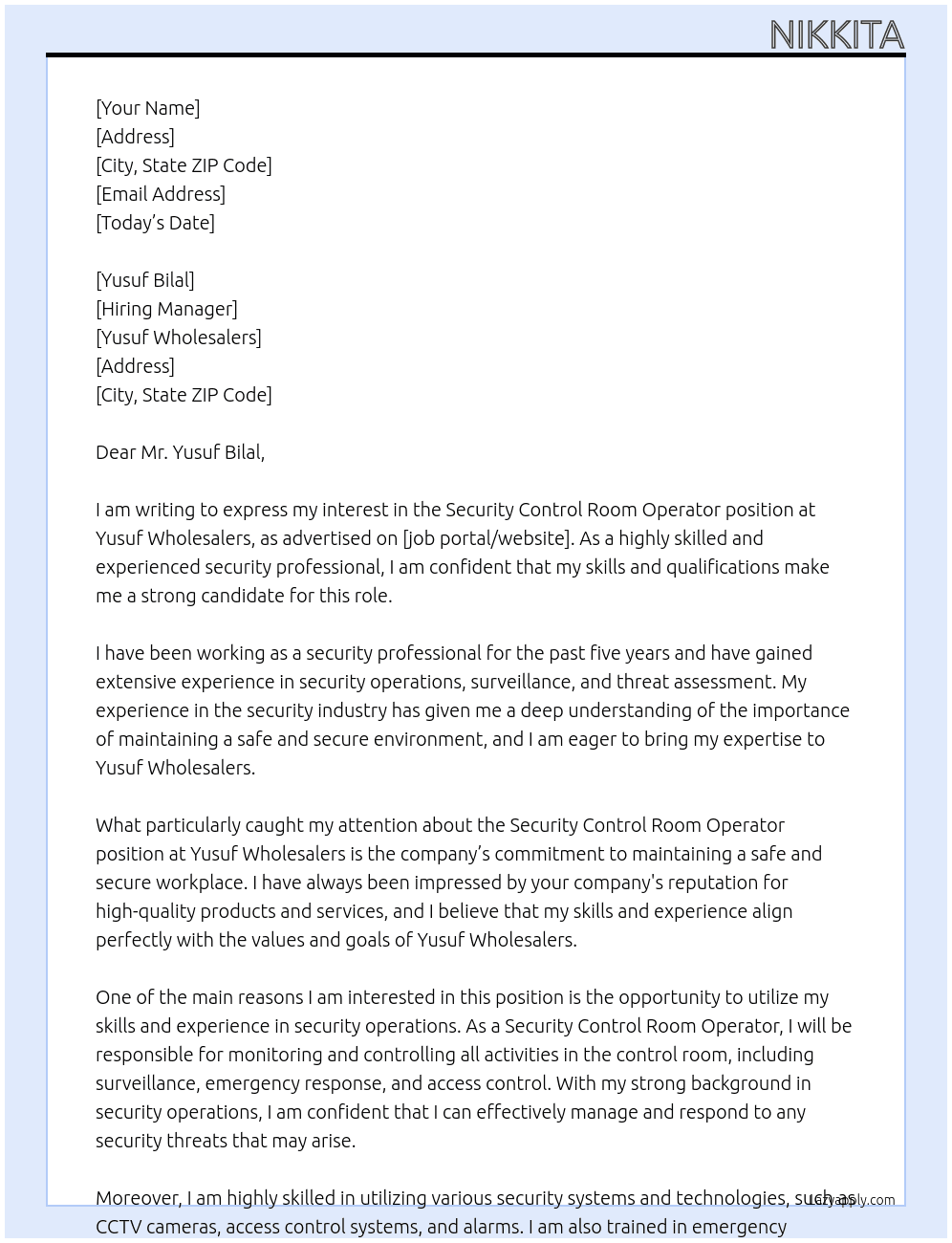 Security control room operator  At Yusuf wholesalers Cover Letter