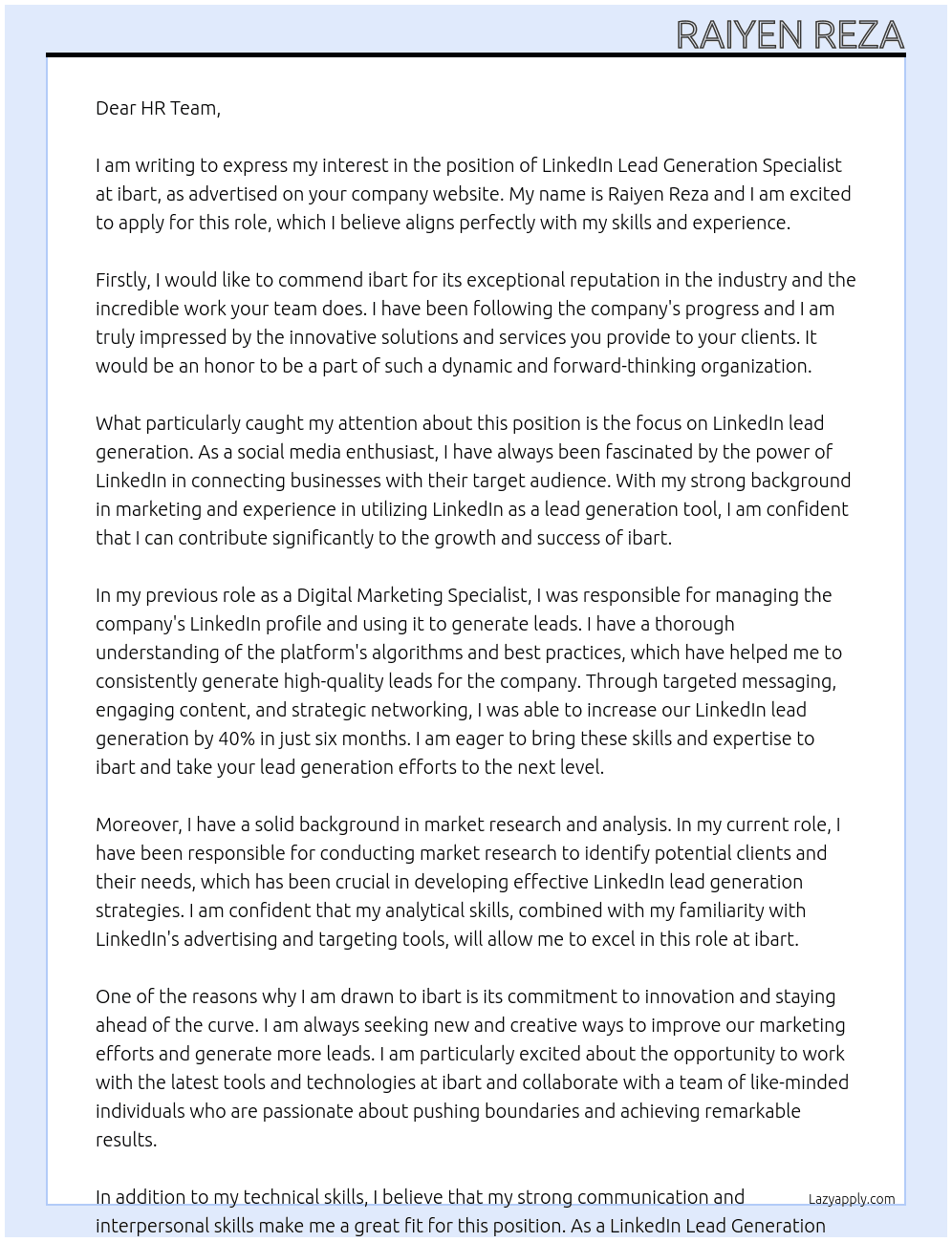 LinkedIn Lead Generation Specialist  At ibart Cover Letter