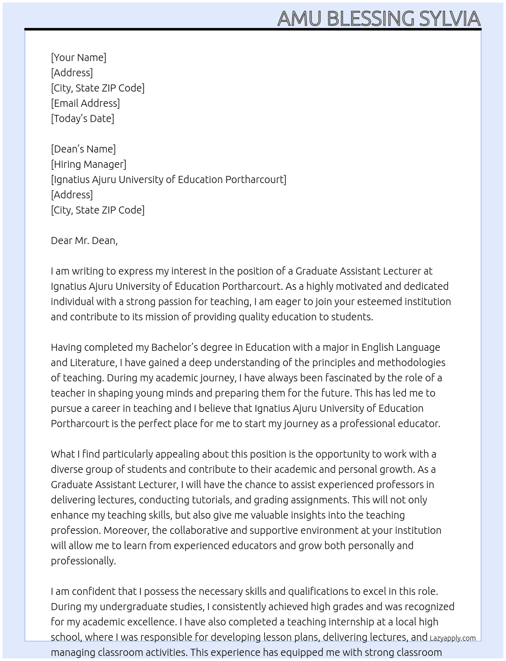 Graduate Assistant lecturer At Ignatius Ajuru University of Education portharcourt Cover Letter