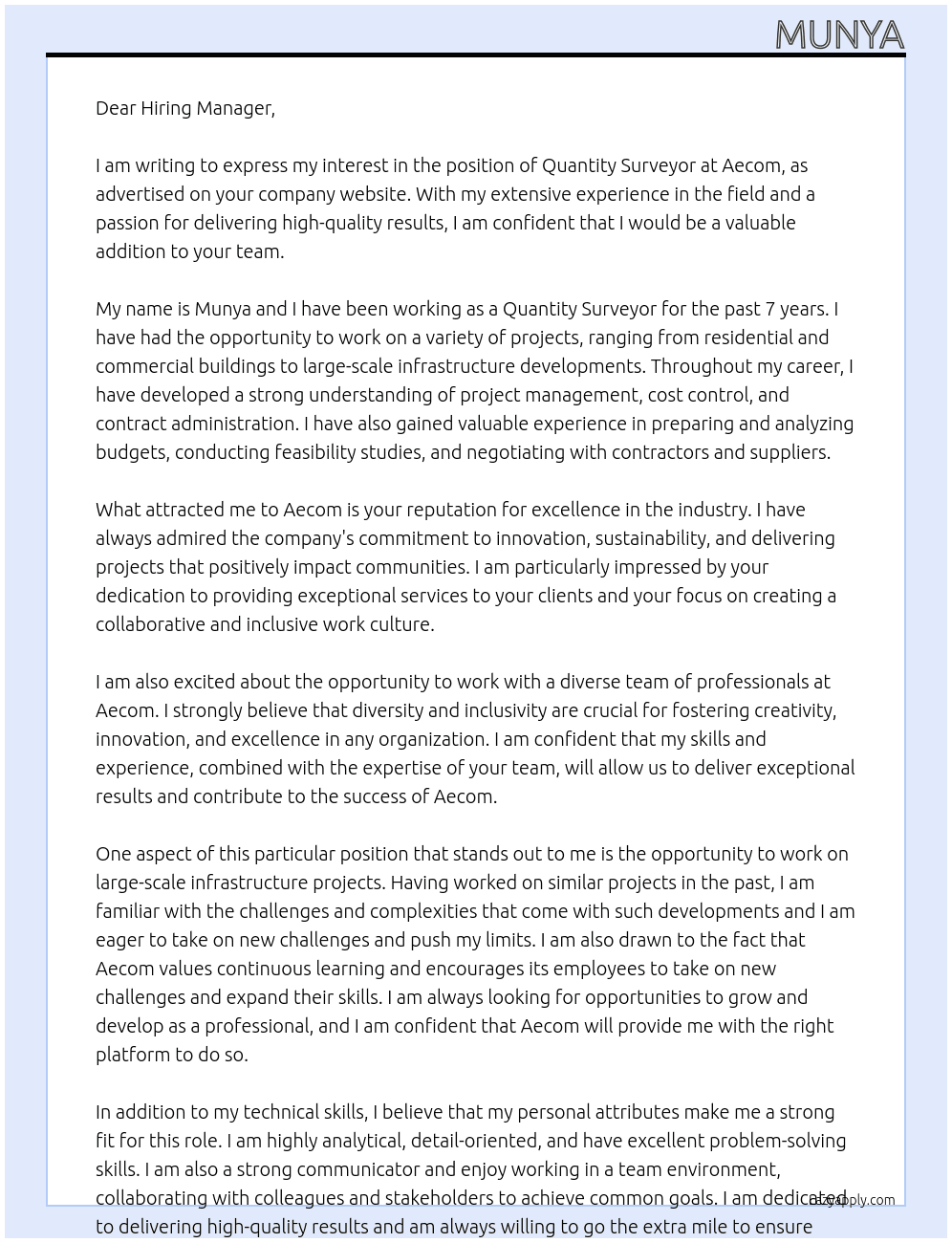 Quantity Surveyor At Aecom Cover Letter