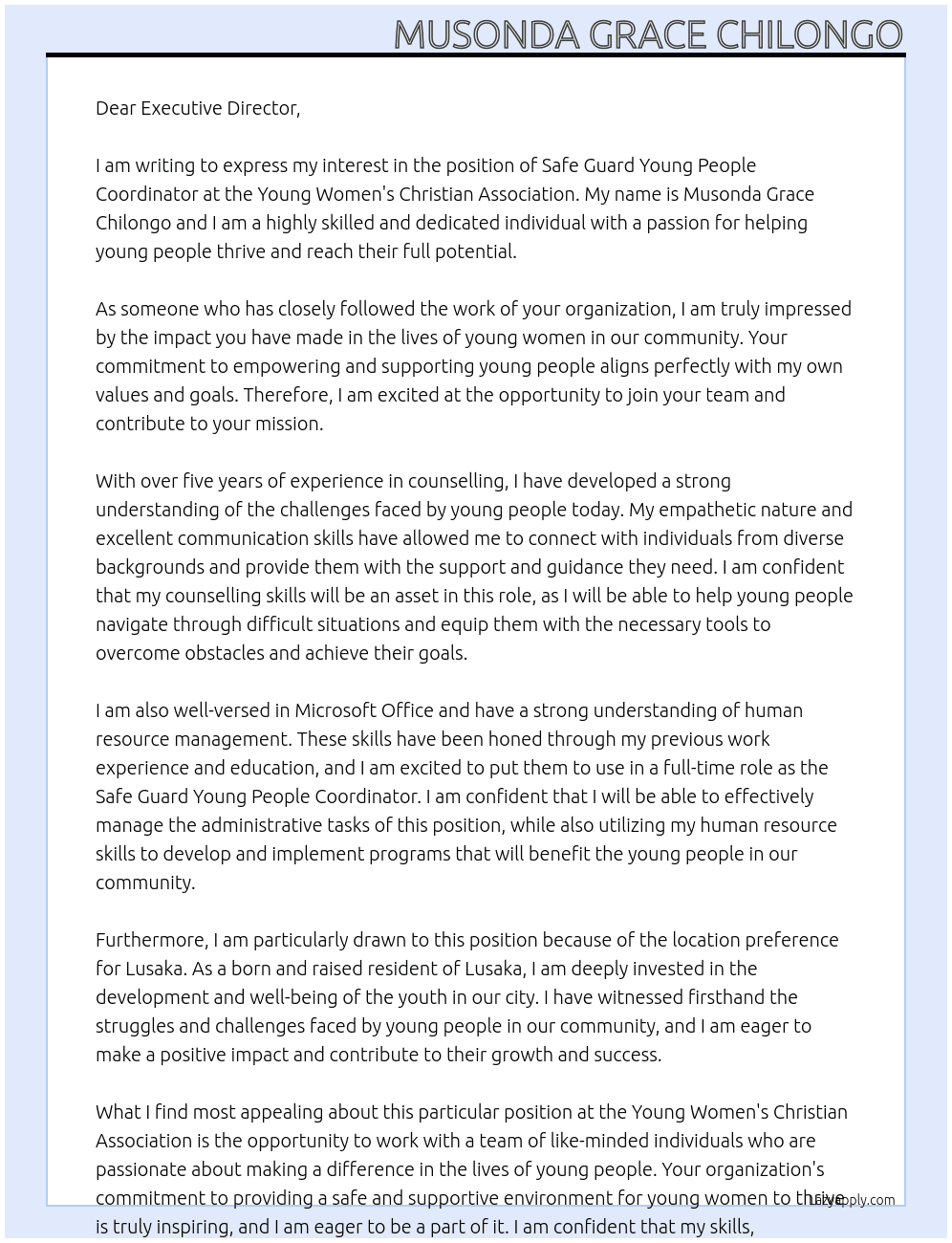 safe guard young people coordinater At young womans christian association Cover Letter