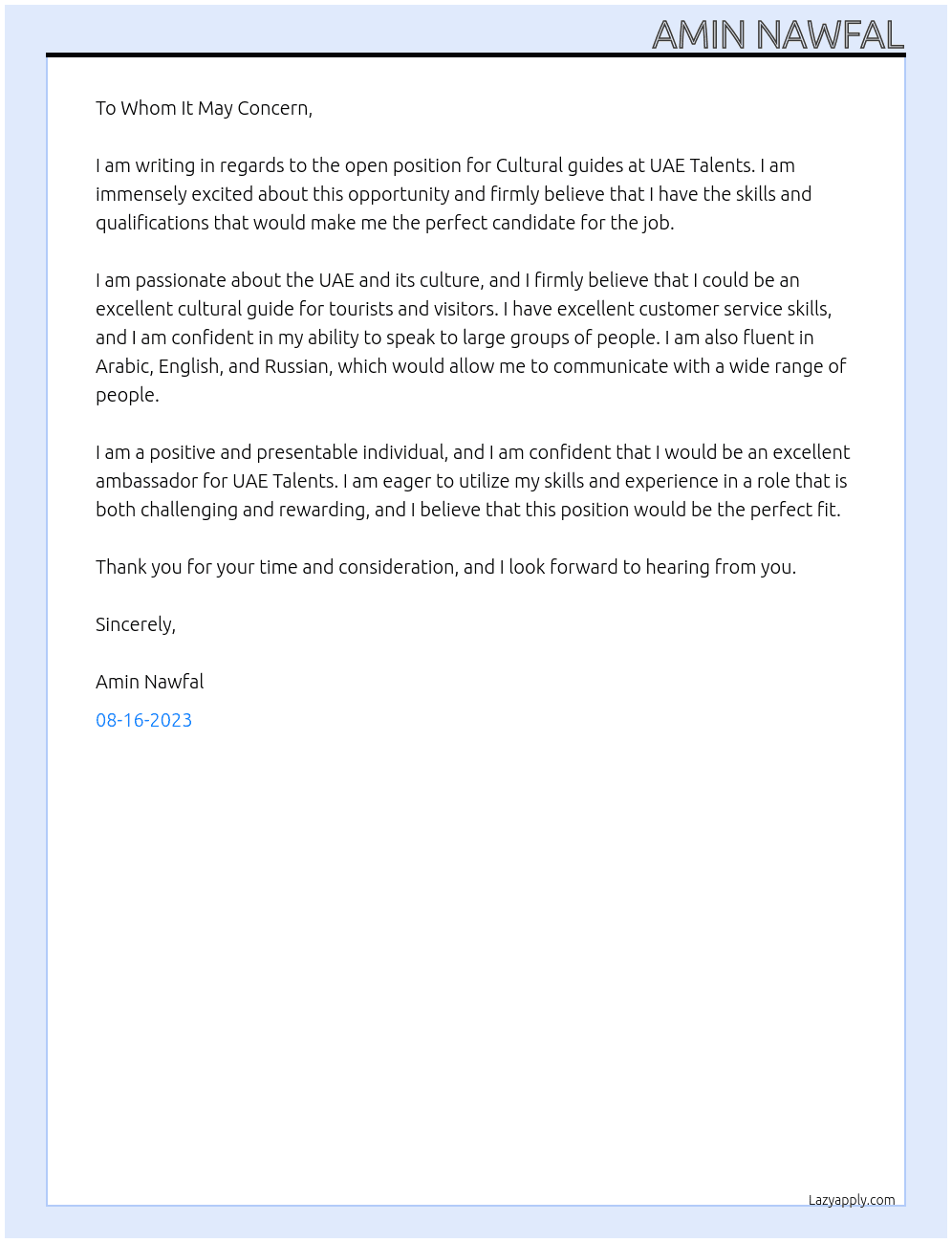 Cultural guides At UAE Talents Cover Letter