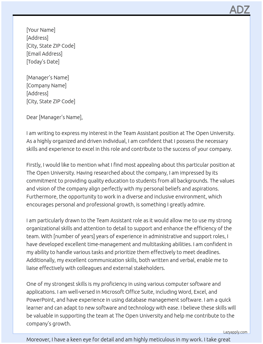 Team assistant  At The Open University  Cover Letter