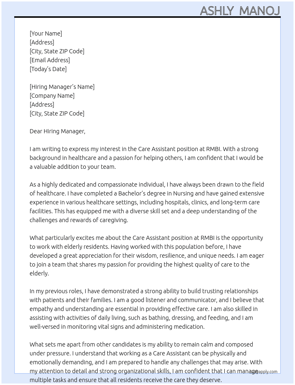 care assistant At RMBI Cover Letter