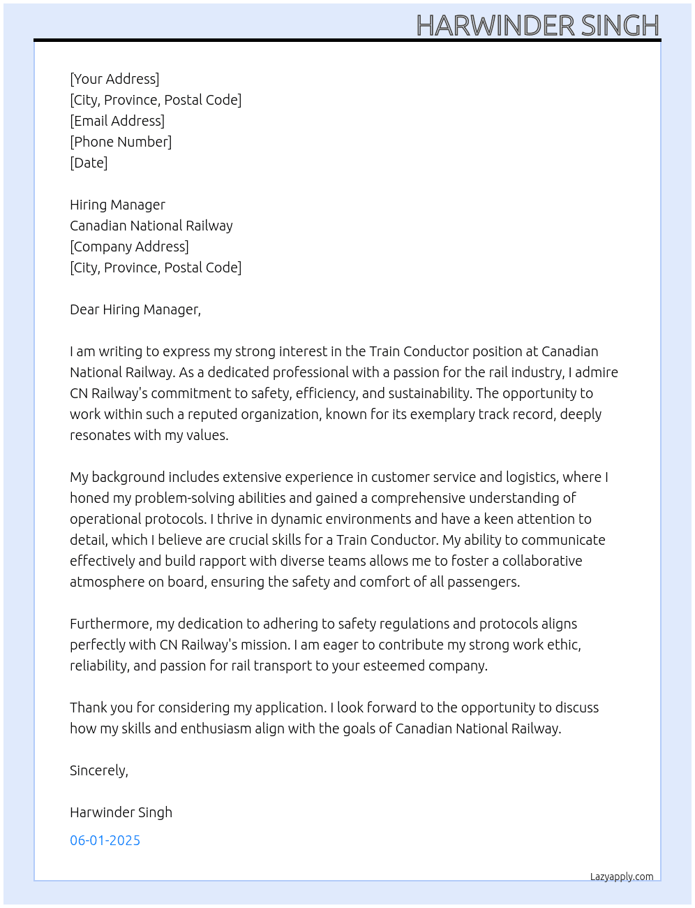 Cover letter for train conductor - LazyApply