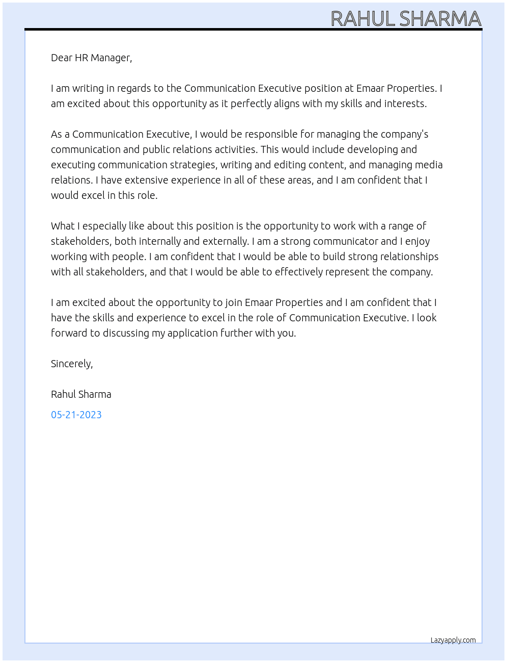 Communication Executive  At Emaar Properties  Cover Letter