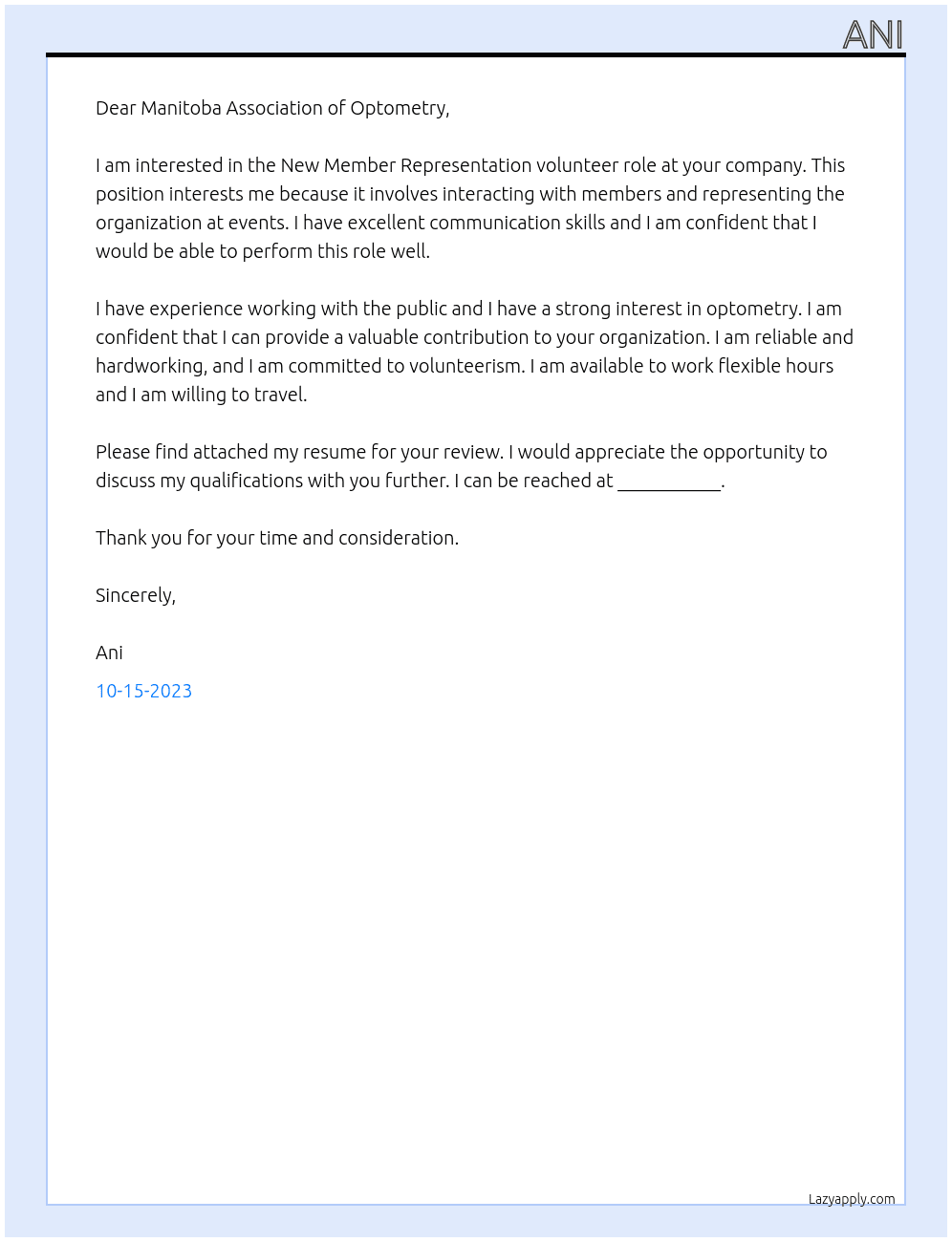 New Member Representation At Manitoba Association of Optometry Cover Letter