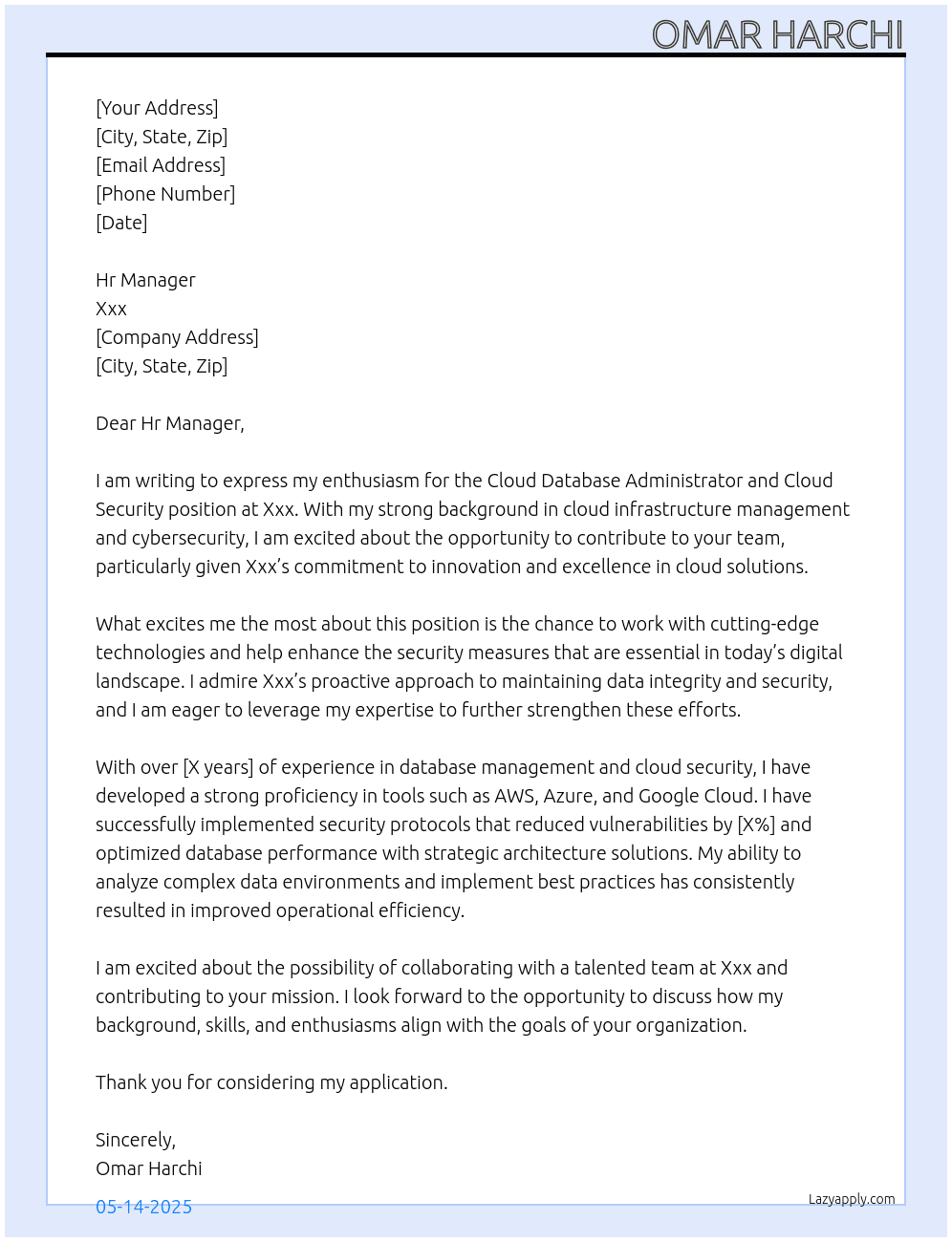 Cover letter for cloud database admin and cloud security - LazyApply