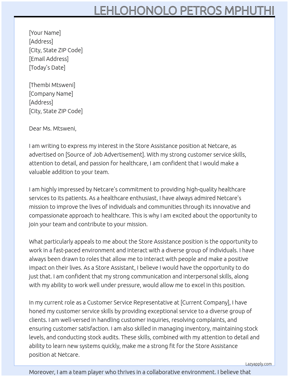 STORE ASSISTANCE At Netcare  Cover Letter