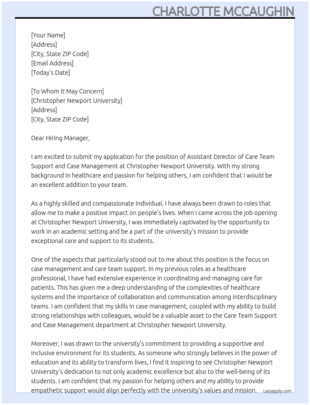 Assistant Director of Care Team Support and Case Management At Christopher Newport University Cover Letter