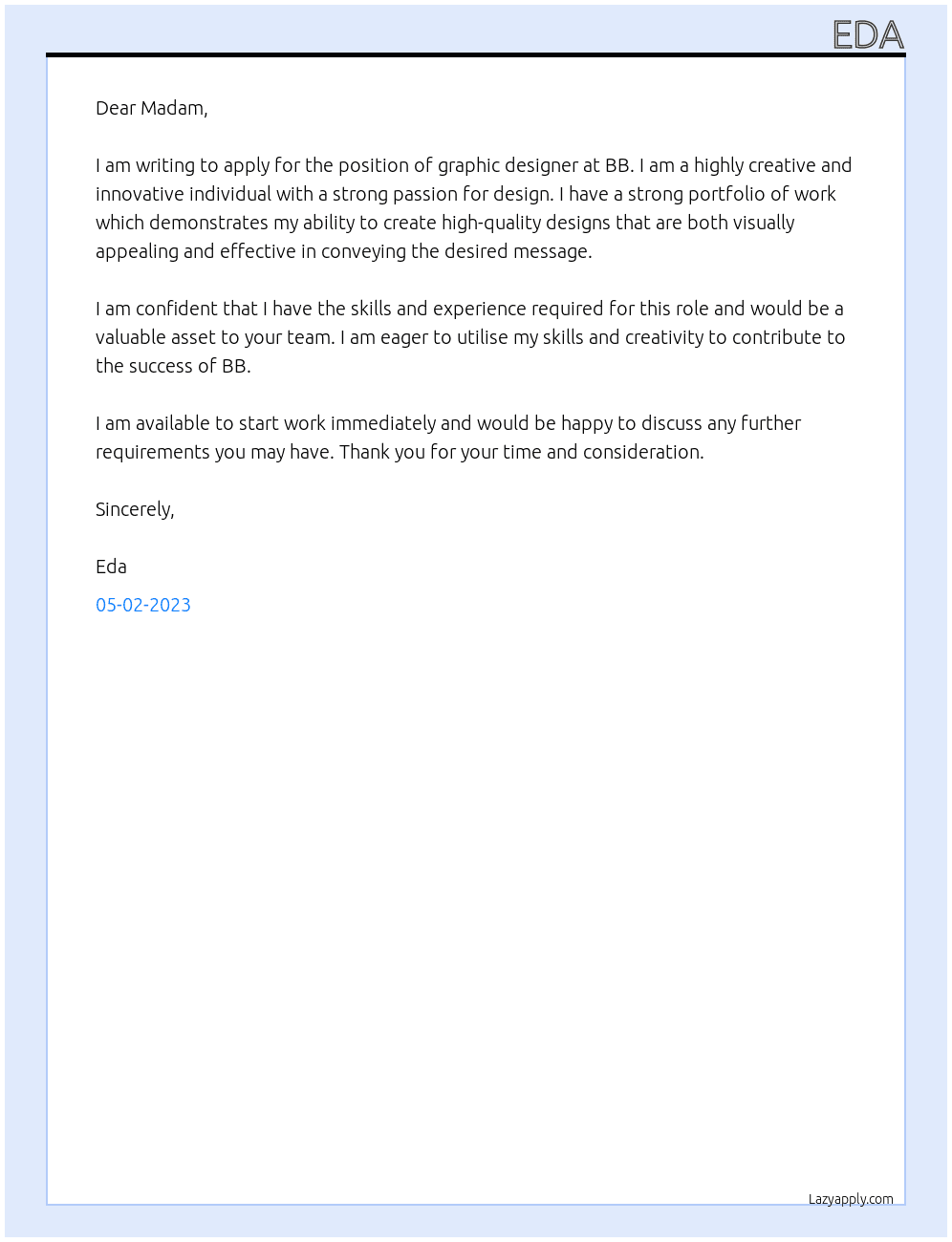 graphic designer At BB Cover Letter