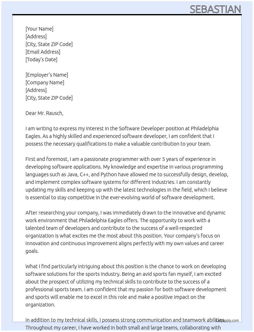 Software Developer At Philadelphia Eagles Cover Letter