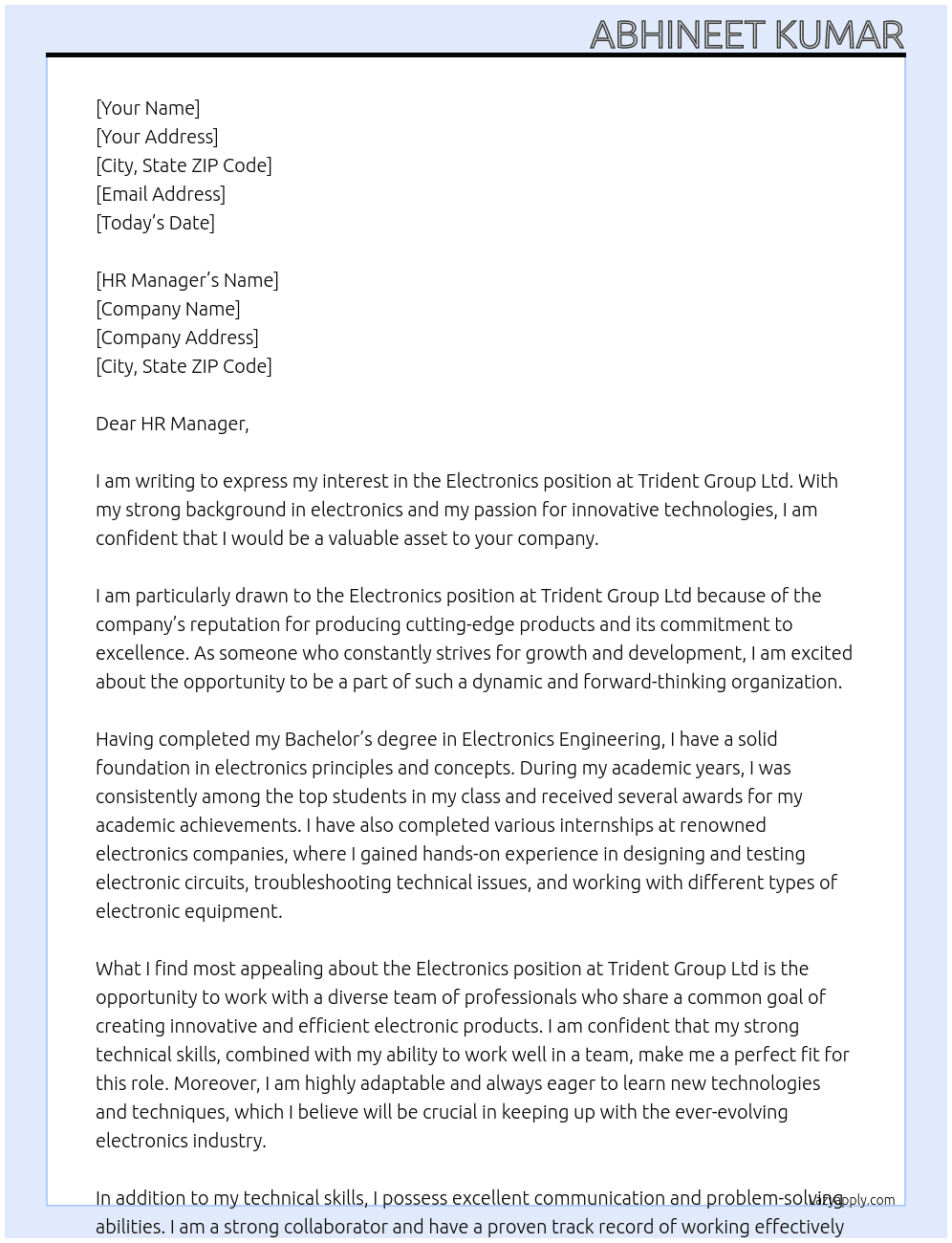 Electronics At Trident Group ltd Cover Letter