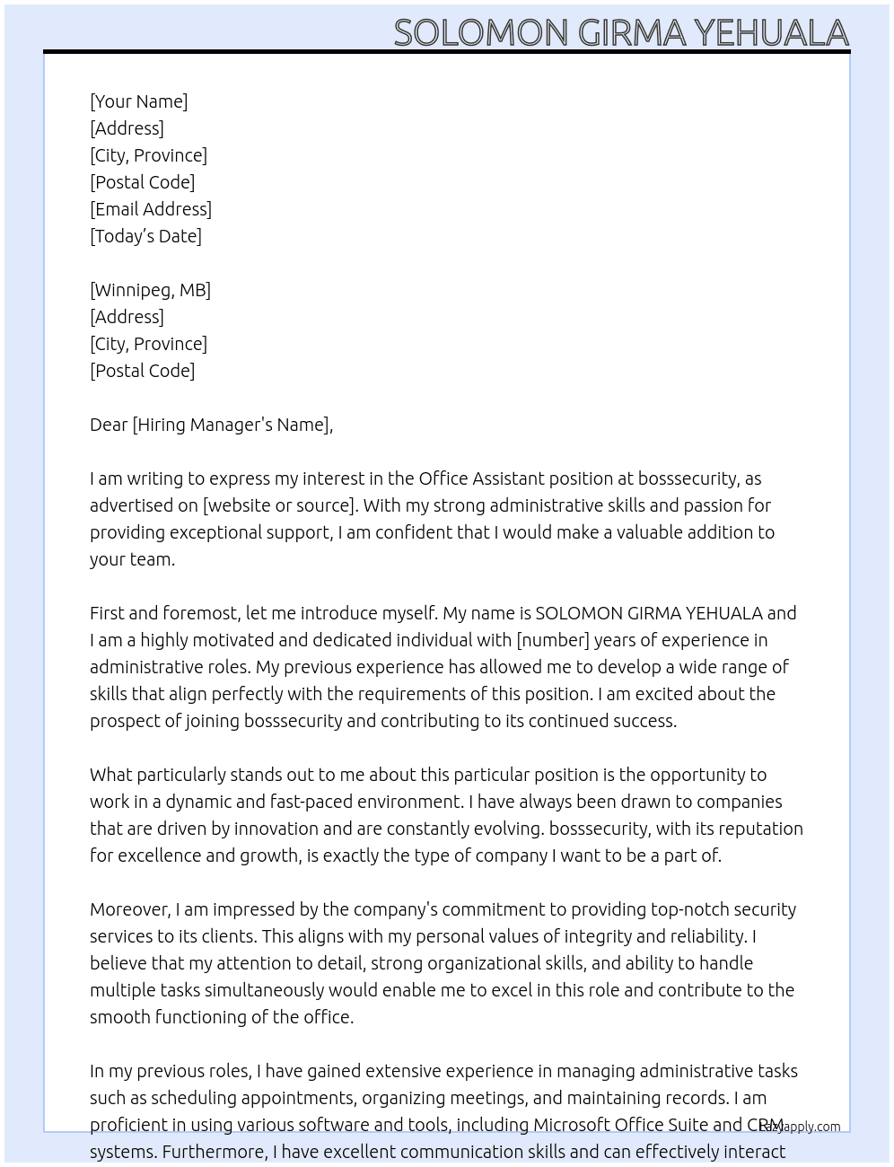 Office assistant At bosssecurity. Cover Letter