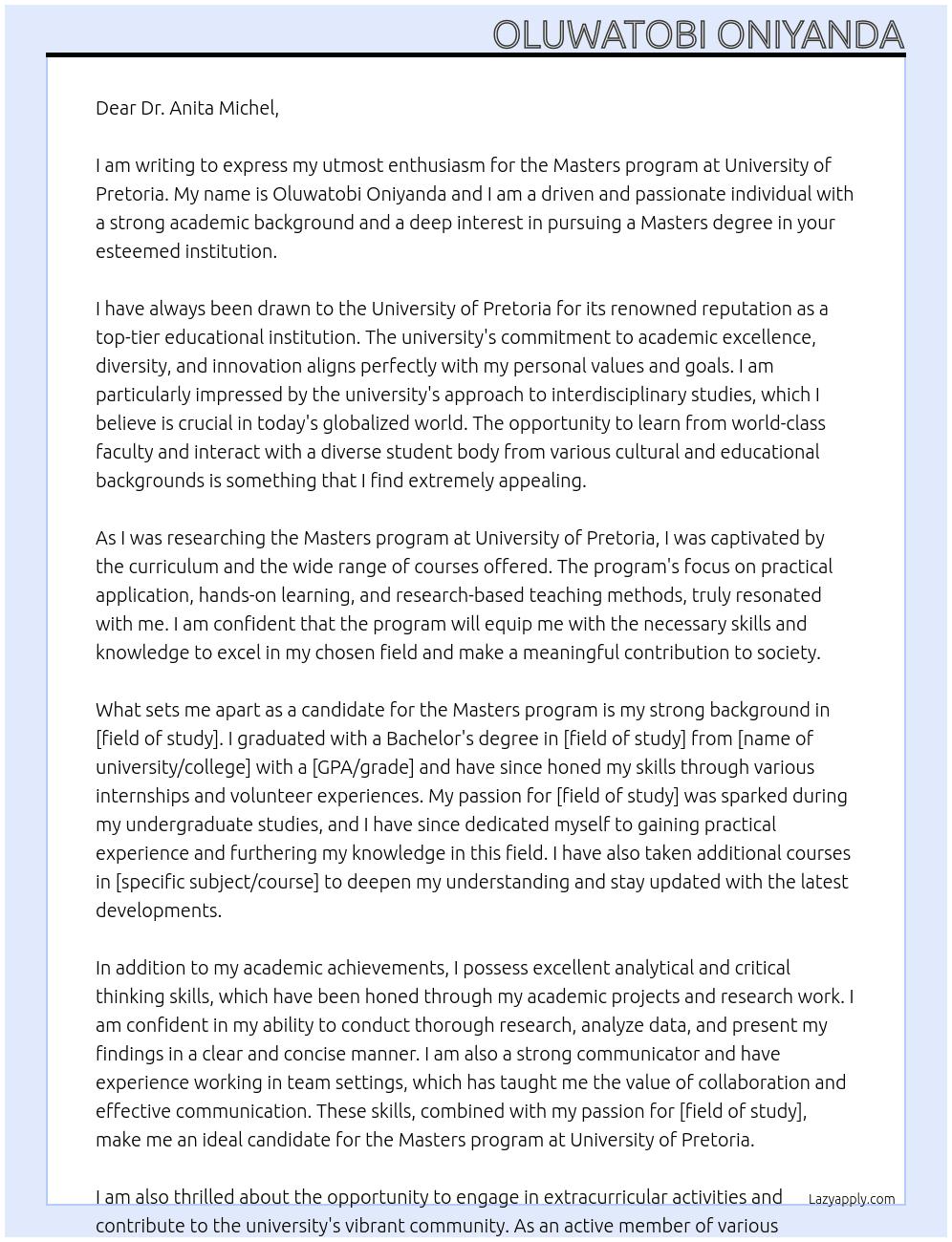 Masters program At University of Pretoria Cover Letter