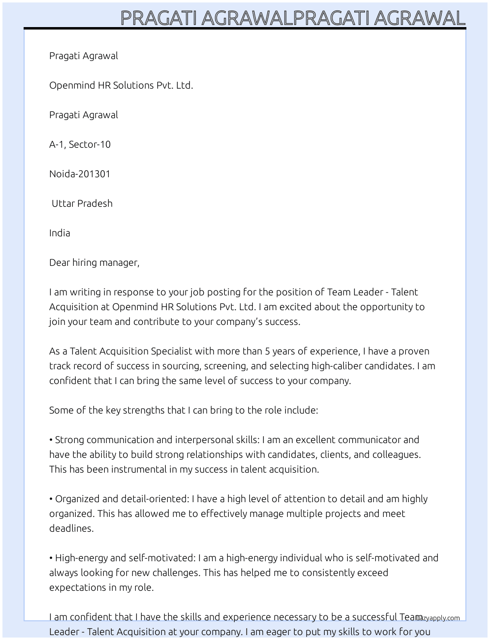 Team Leader - Talent Acquisition At Openmind HR Solutions Pvt. Ltd. Cover Letter