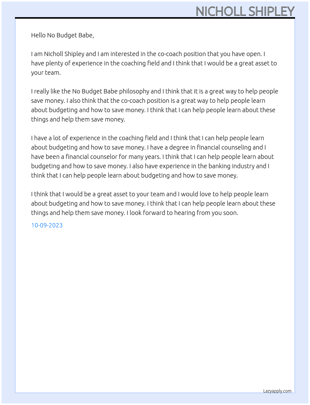 Co-Coach At No Budget Babe Cover Letter