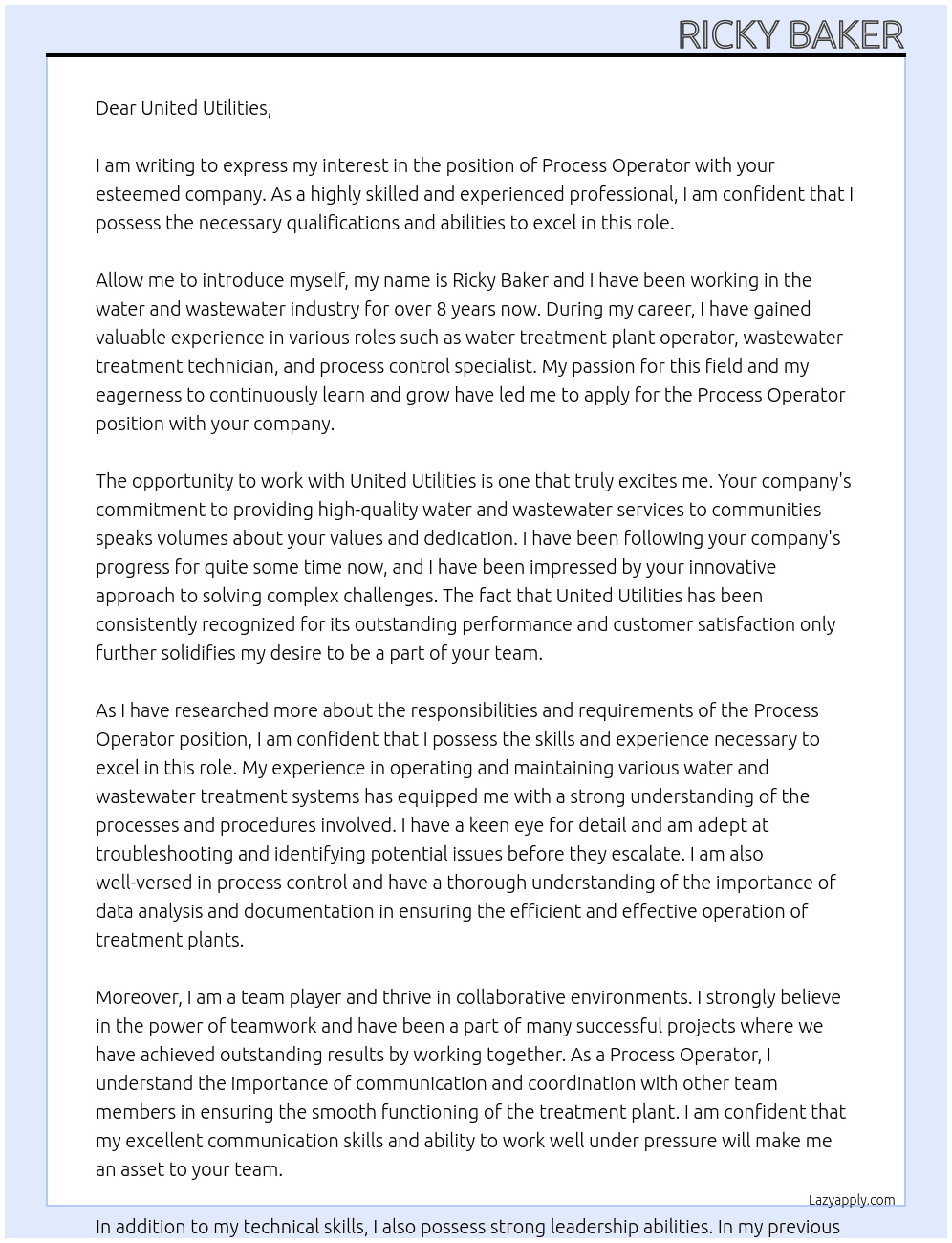 process operator At united utilities Cover Letter