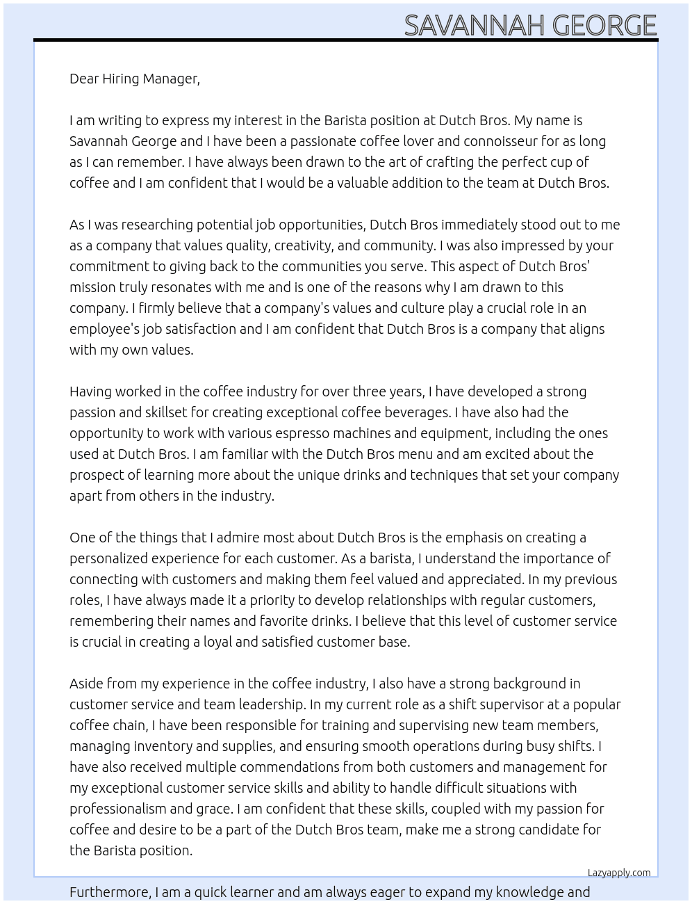 Barista At Dutch Bros Cover Letter