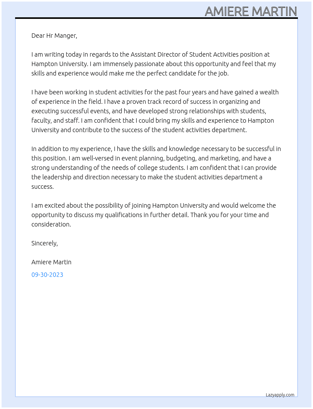 Assistant Director of Student Activities. At Hampton University Cover Letter