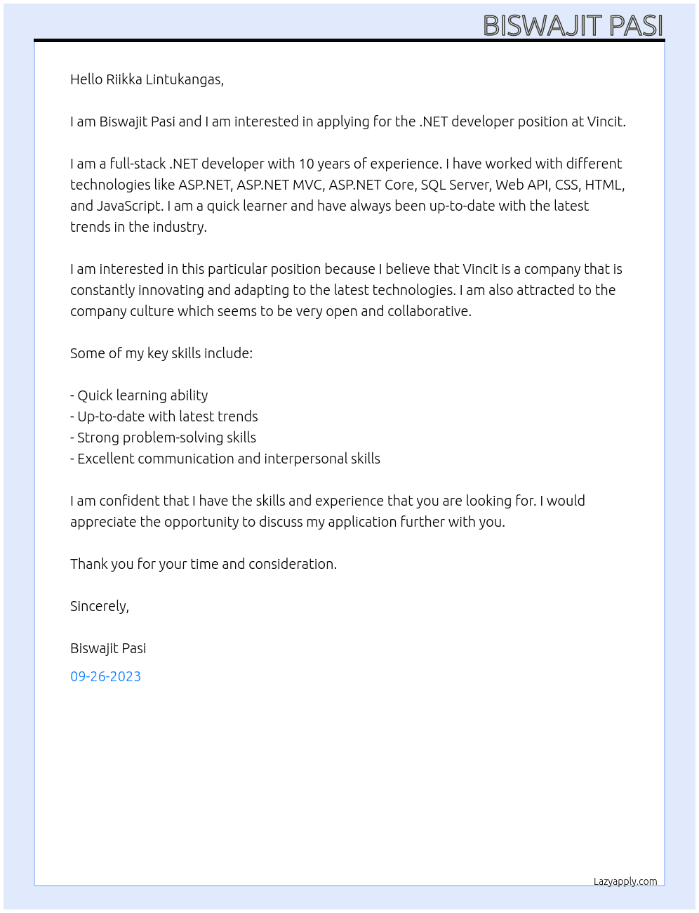 .NET Developer At Vincit Cover Letter