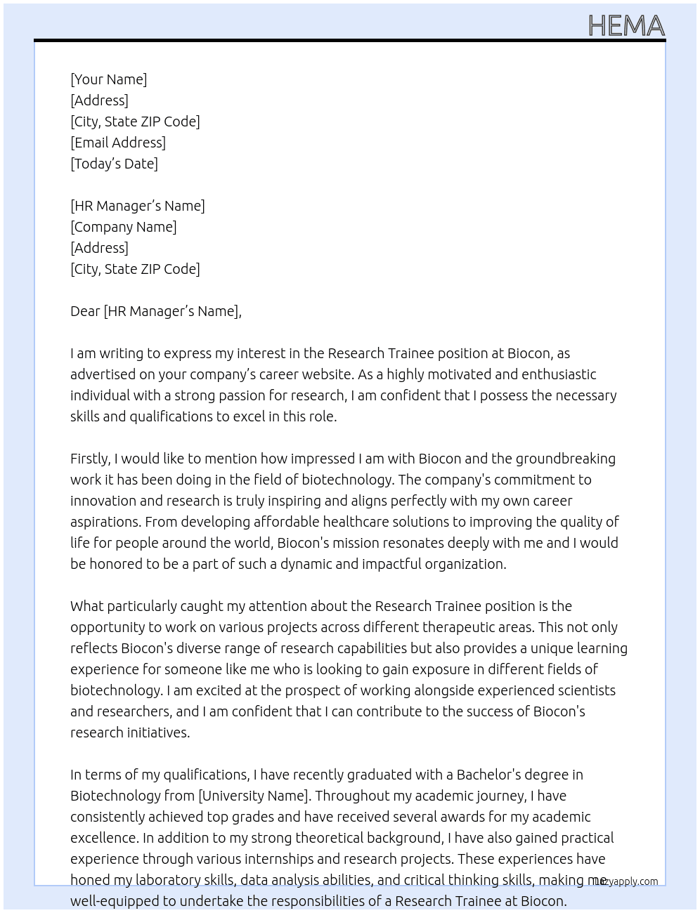 Research trainee At Biocon Cover Letter