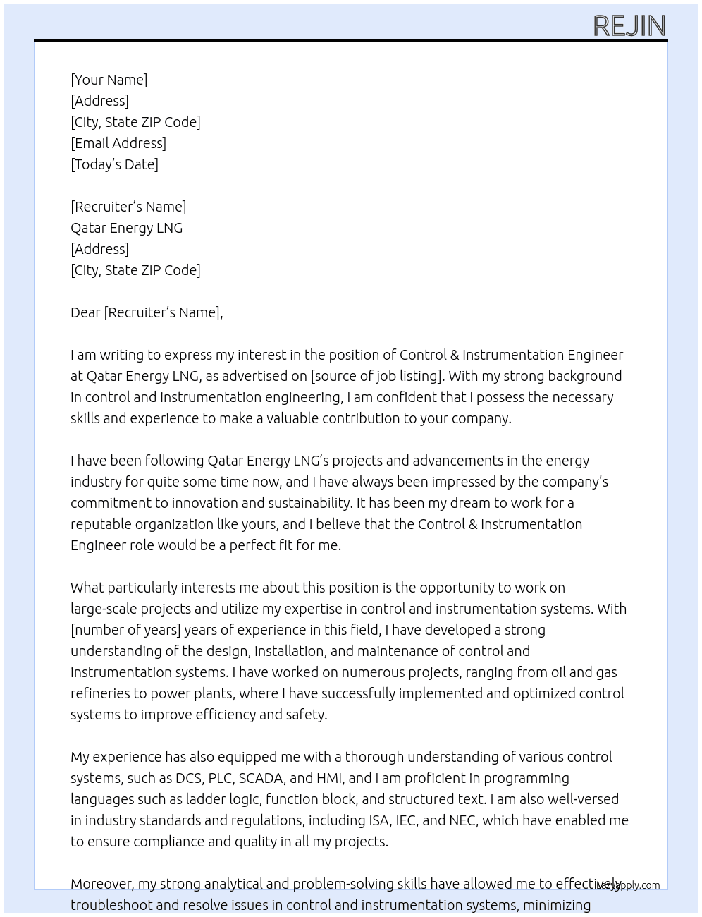 Control & Instrumentation Engineer At Qatar Energy LNG Cover Letter