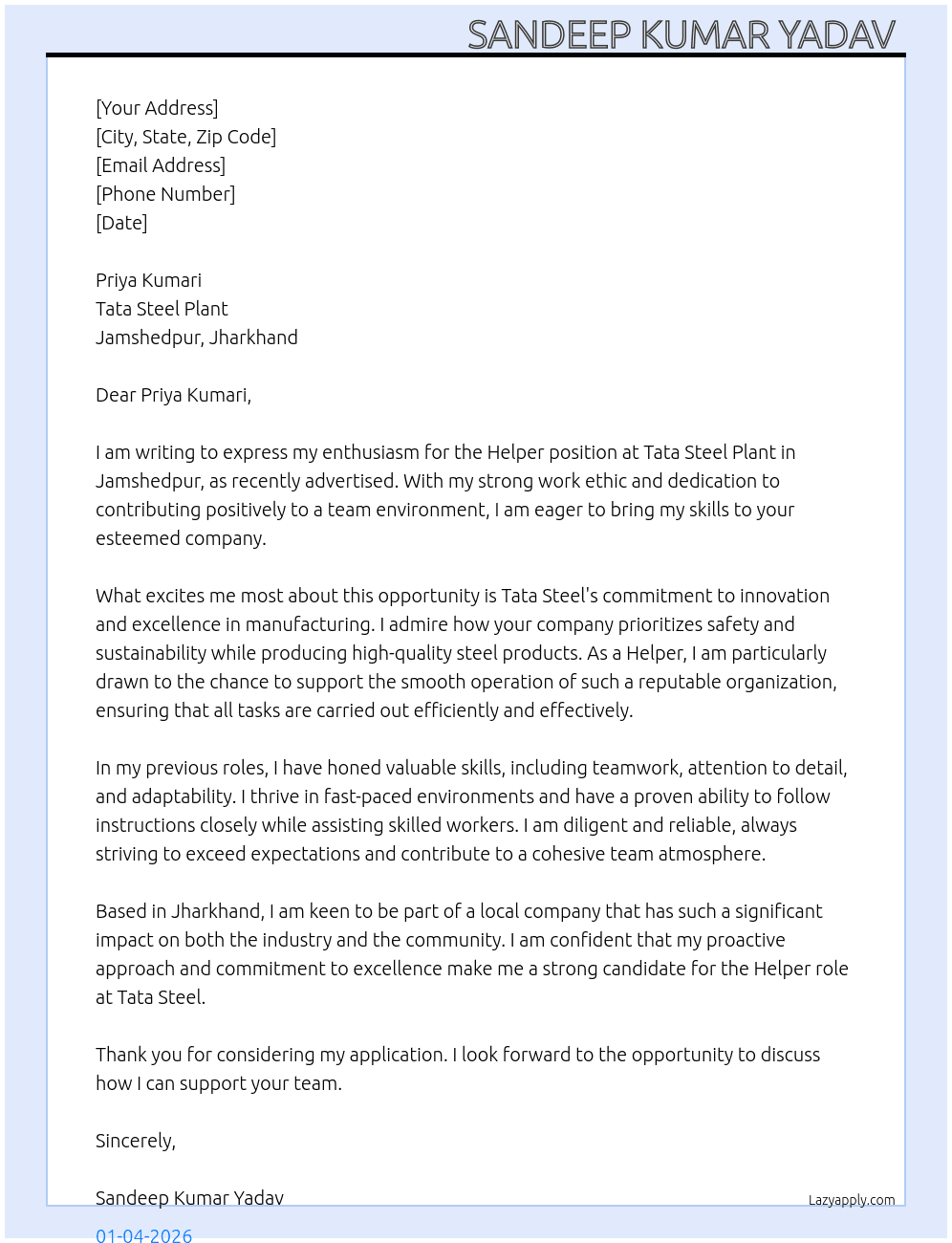 Helper  At Tata Steel plant jamshedpur  Cover Letter