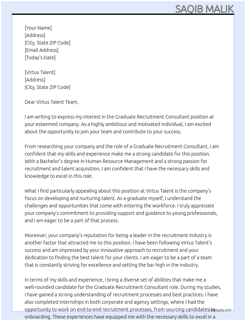 Graduate recruitment consultant At Virtus Talent Cover Letter