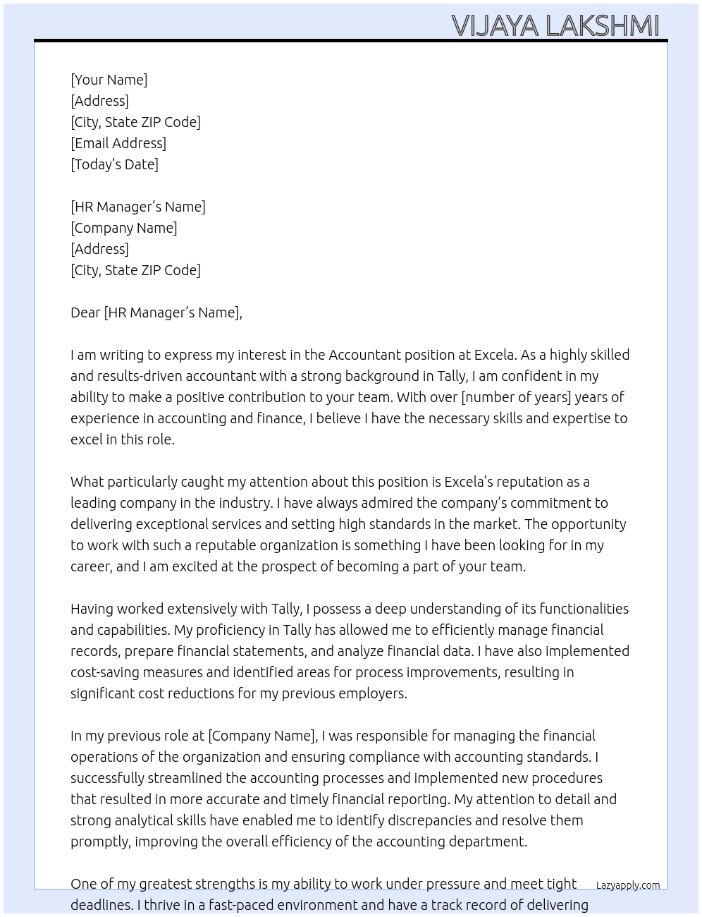 Accountant  At Excela Cover Letter