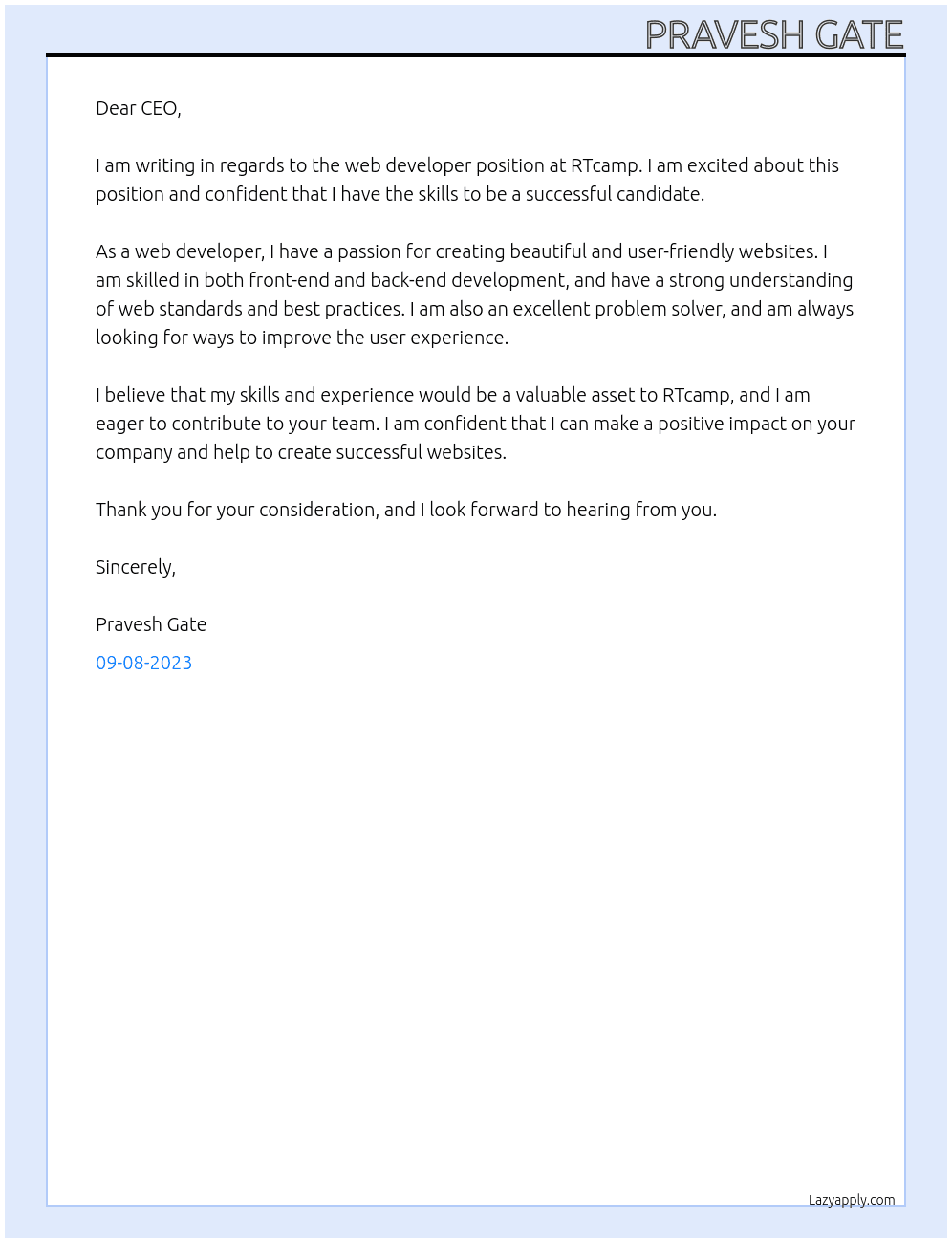 Web developer At RTcamp Cover Letter