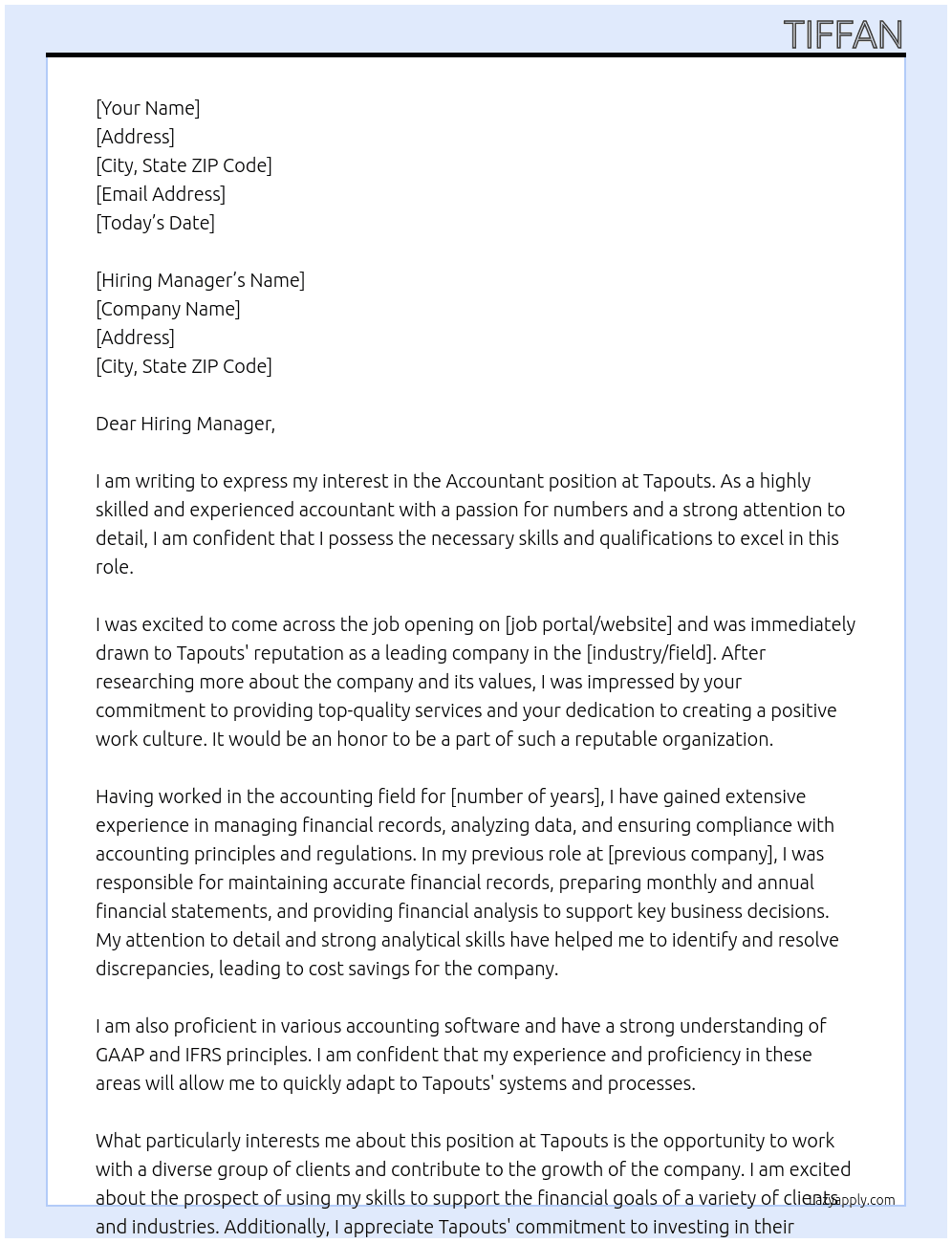 Accountant At Tapouts  Cover Letter