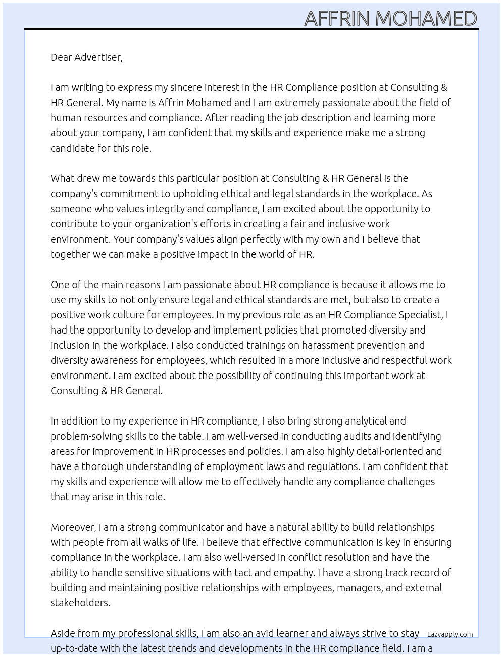 HR Compliance At Consulting & HR General Cover Letter
