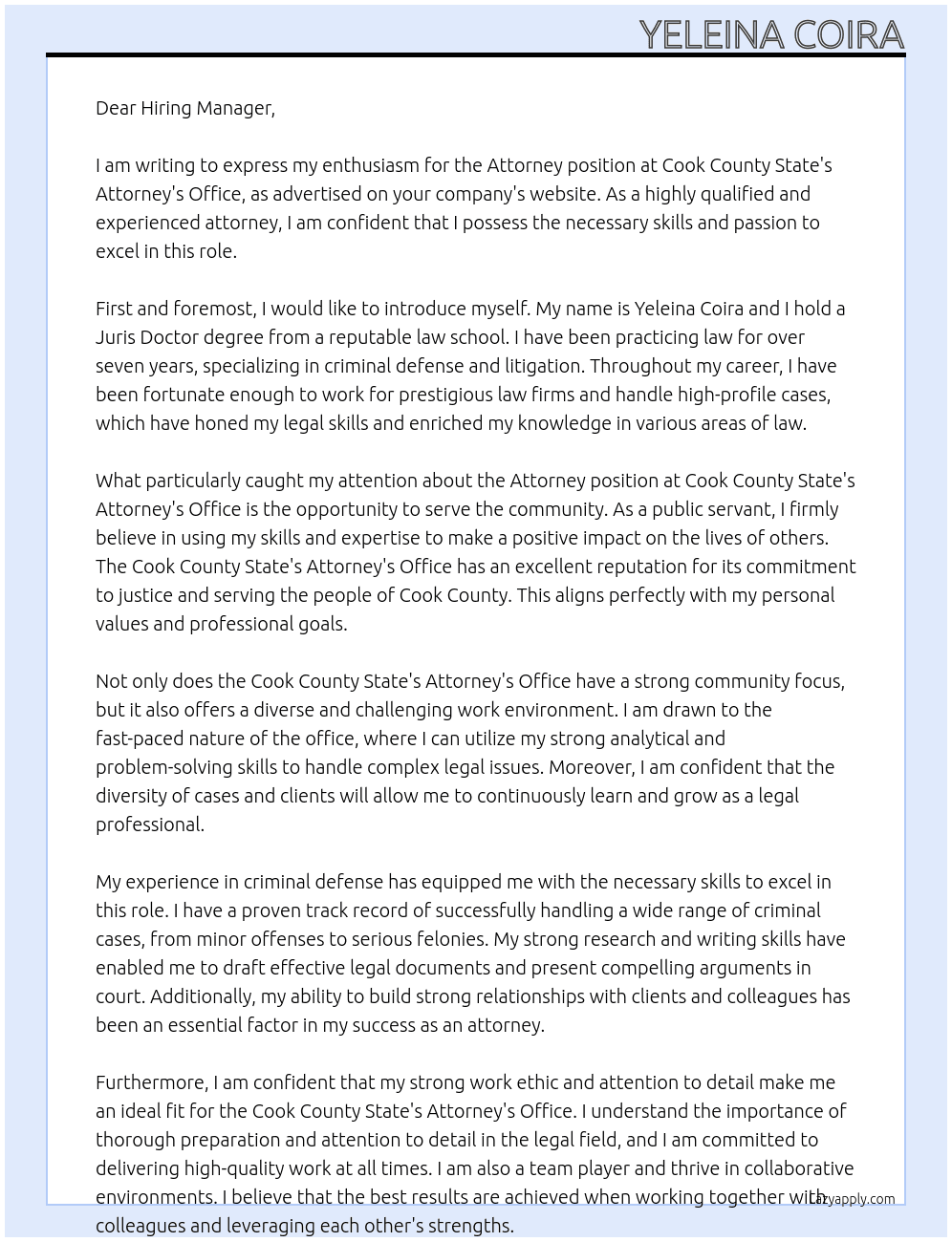Attorney At Cook County State's Attorney's Office Cover Letter