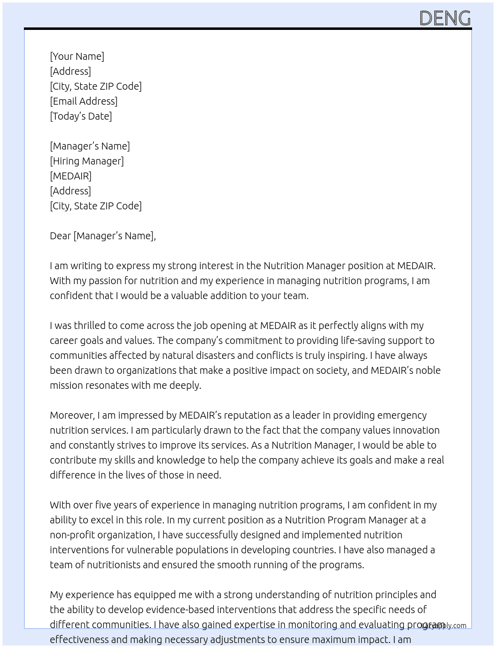 Nutrition manager  At MEDAIR  Cover Letter