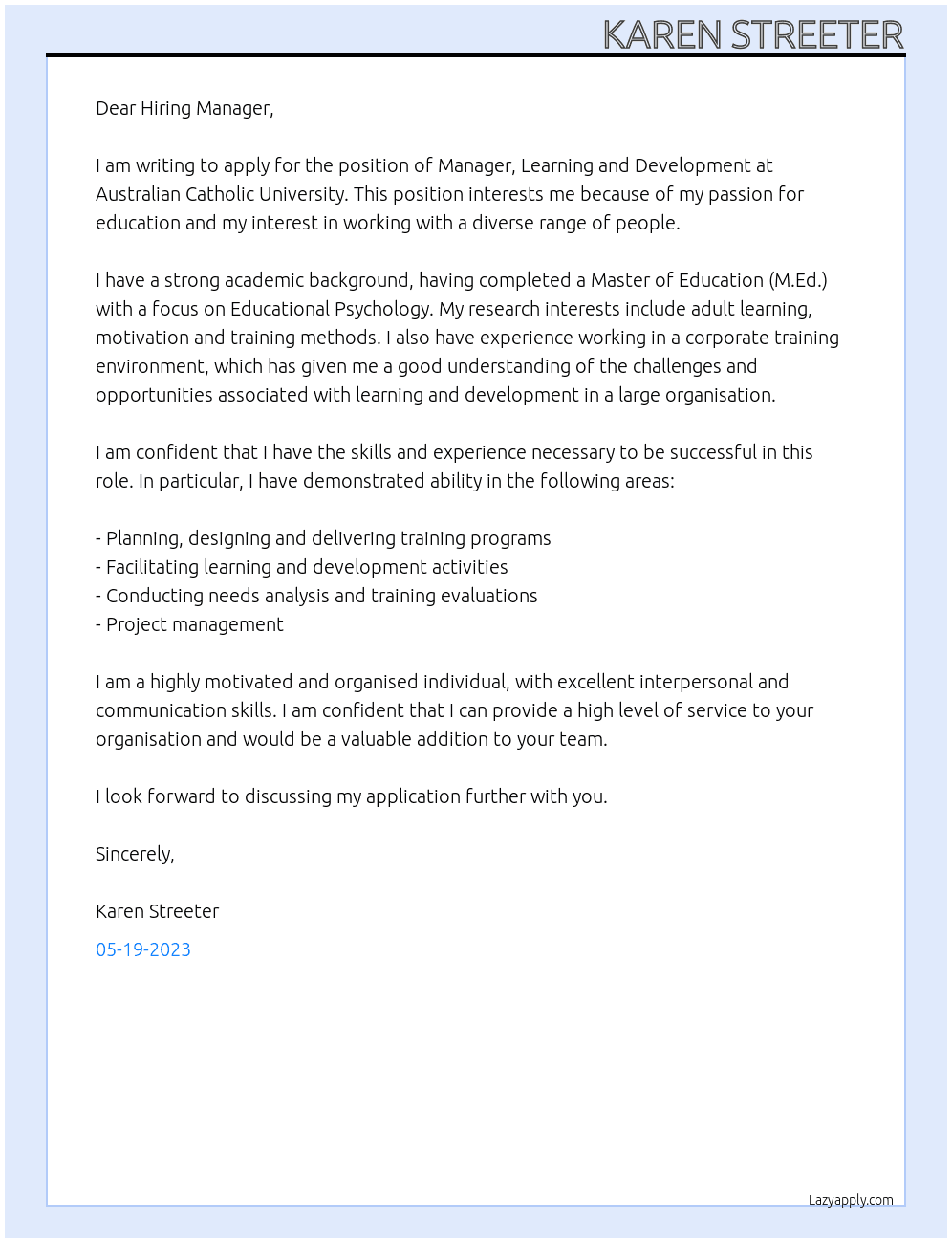 Manager,Learning and Development At Australian Catholic University Cover Letter