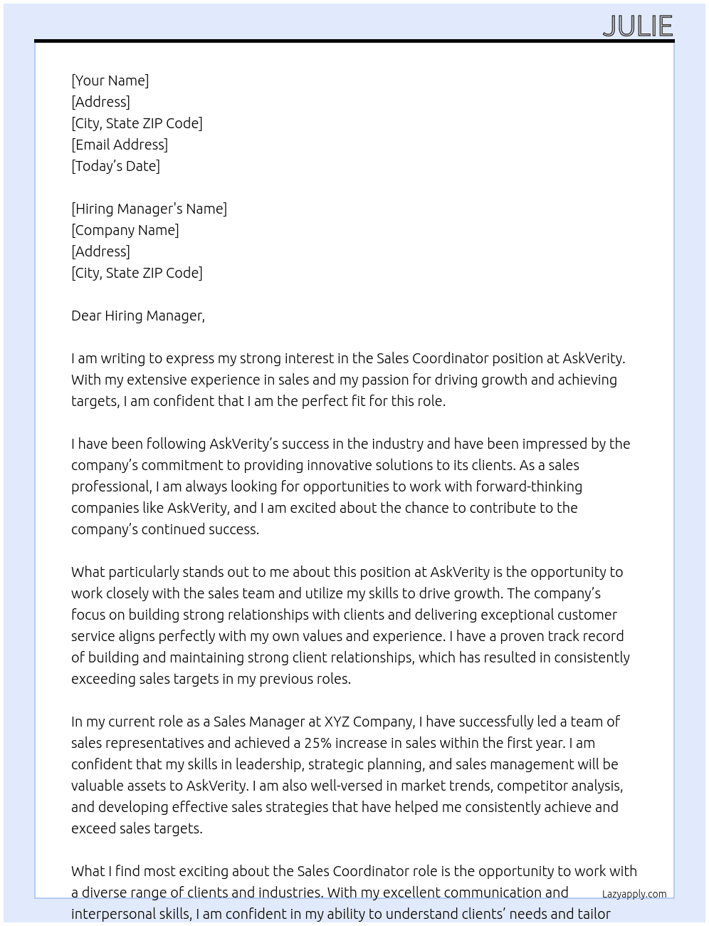 Sales Coordinator At AskVerity Cover Letter