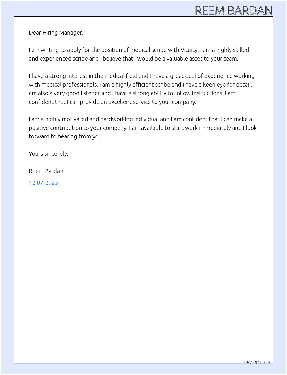 Medical Scribe At Vituity Cover Letter