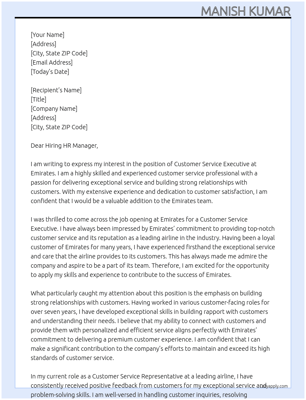 Customer service executive  At Emirates  Cover Letter