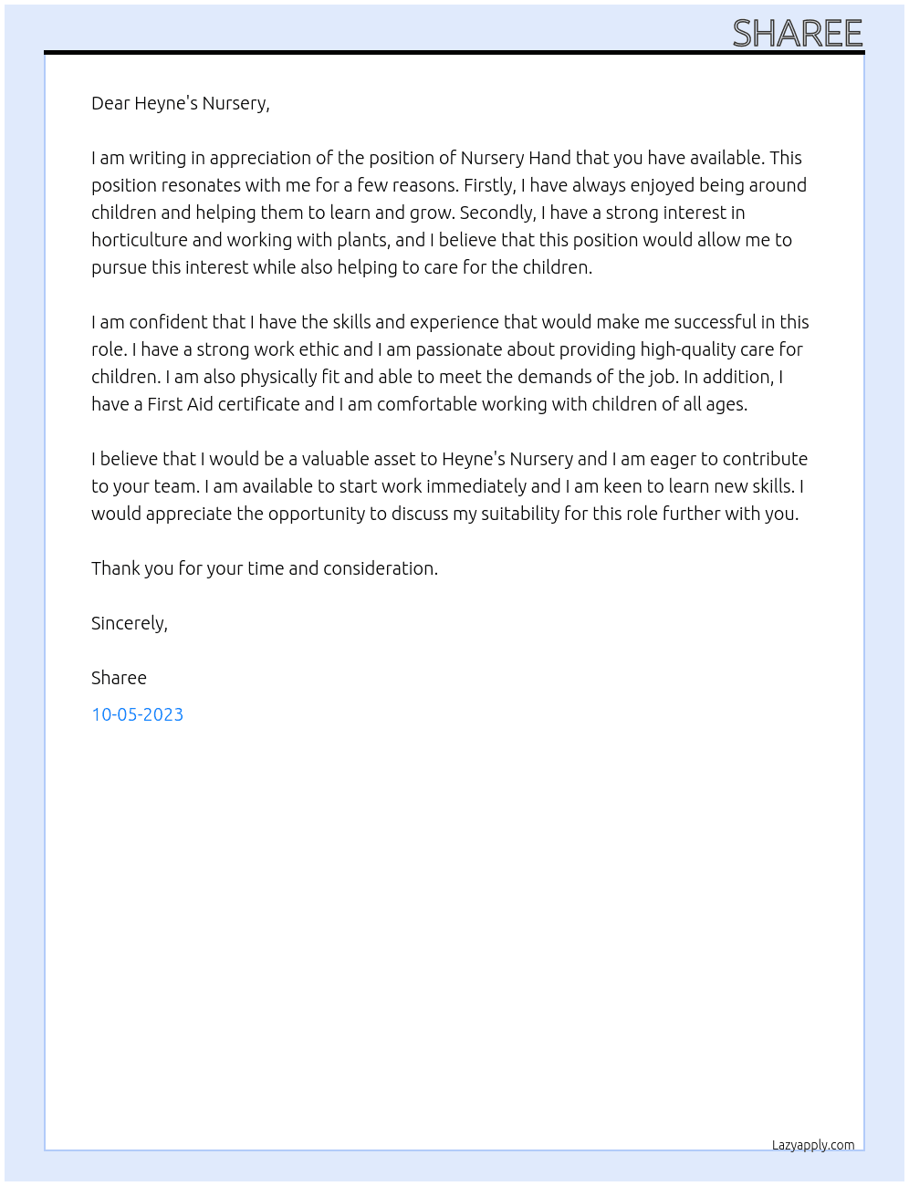 Nursery hand  At Heyne's nursery  Cover Letter