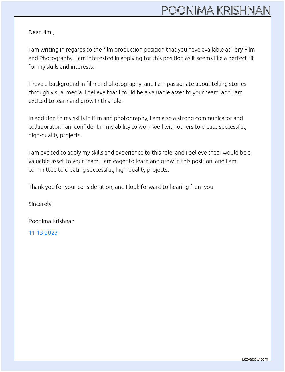film production At tory Film and Photography Cover Letter