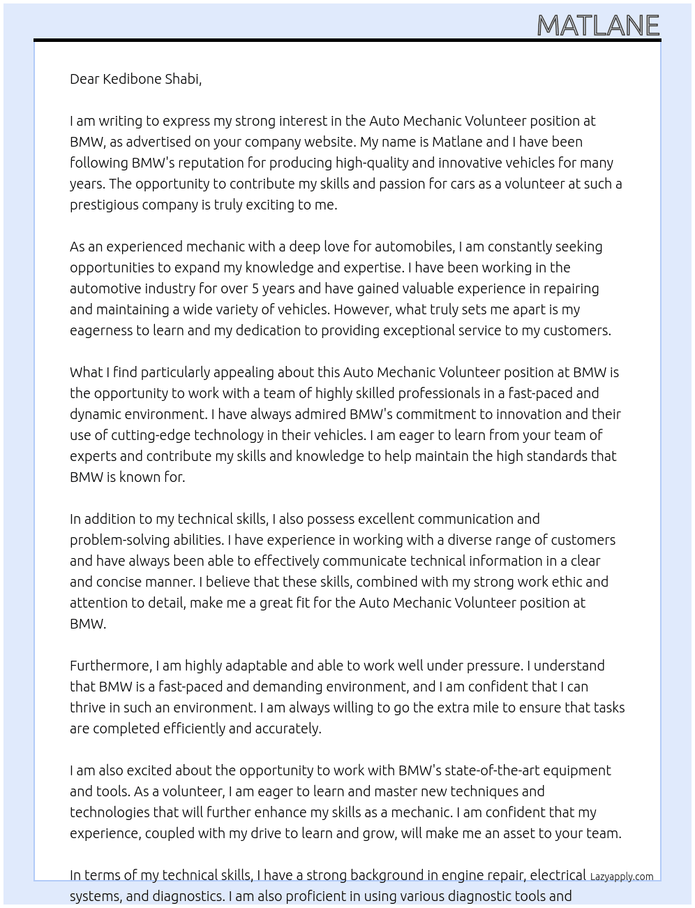 Cover letter for auto mechanic volunteer - LazyApply