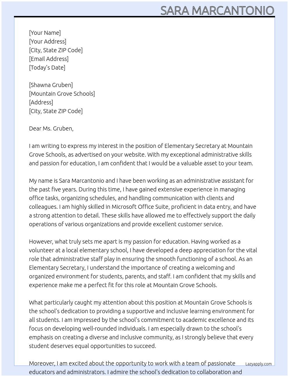 Elementary Secretary  At Mountain Grove Schools Cover Letter