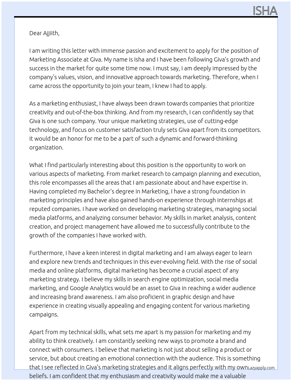 Marketing Associate At Giva Cover Letter