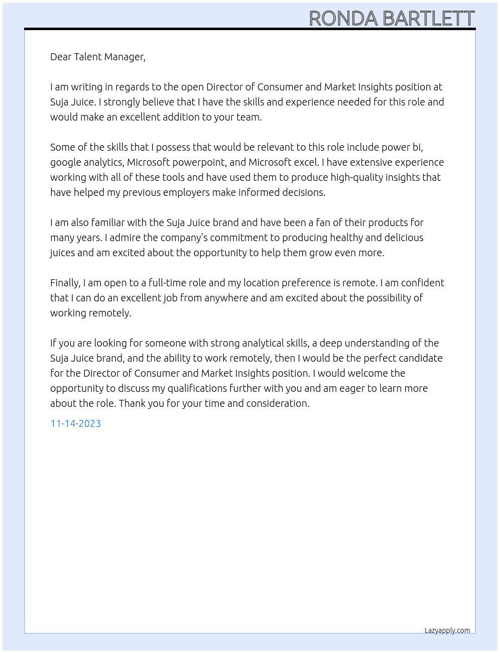 Director of Consumer and Market Insights At Suja Juice Cover Letter