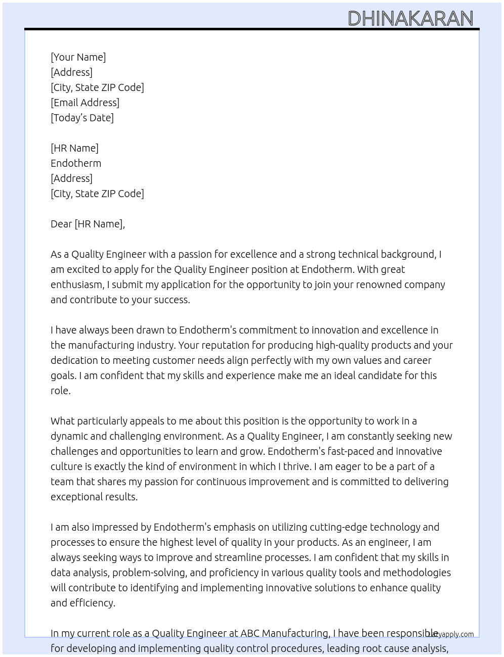 Quality engineer  At Endotherm  Cover Letter