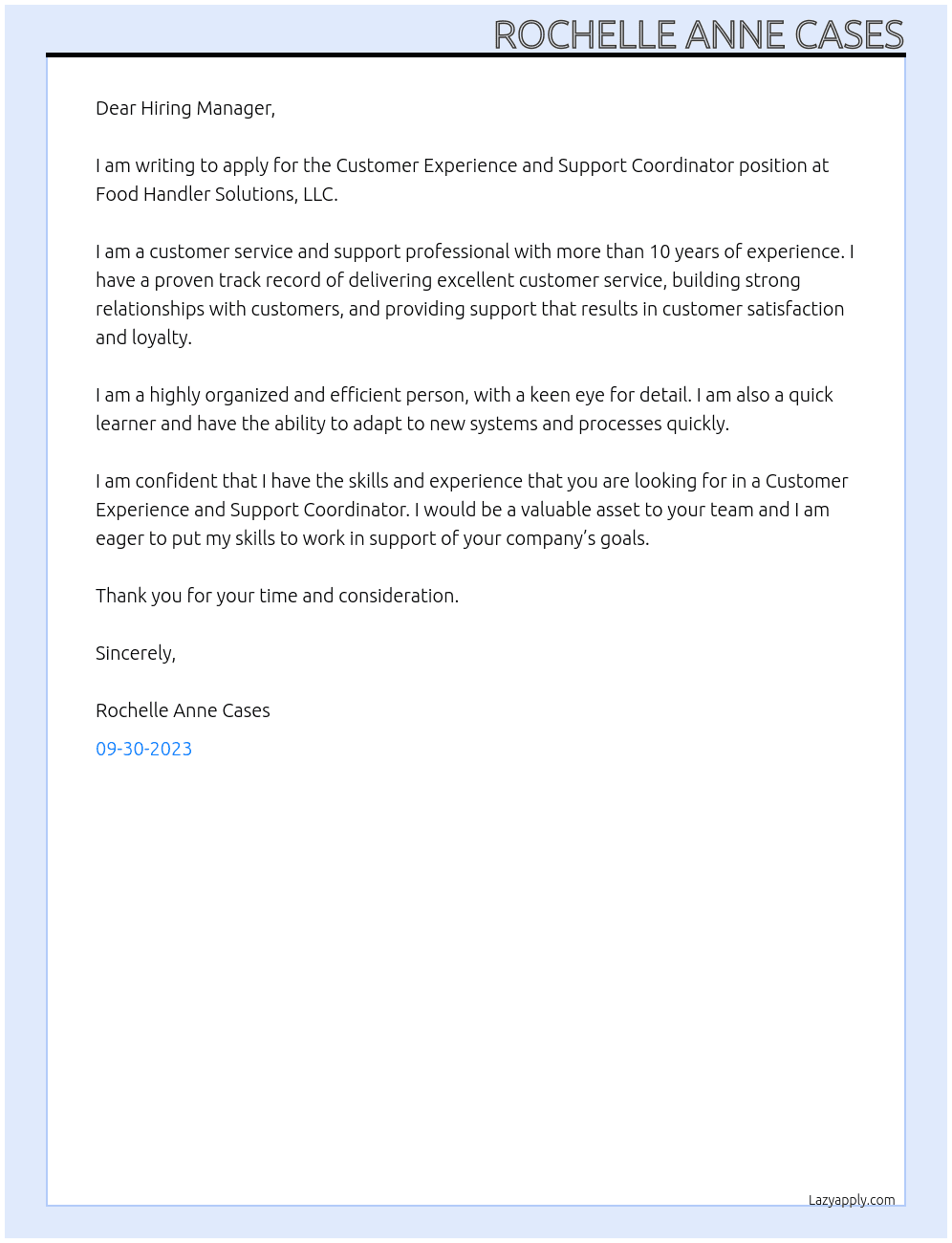 Customer Experience and Support Coordinator At Food Handler Solutions, LLC Cover Letter