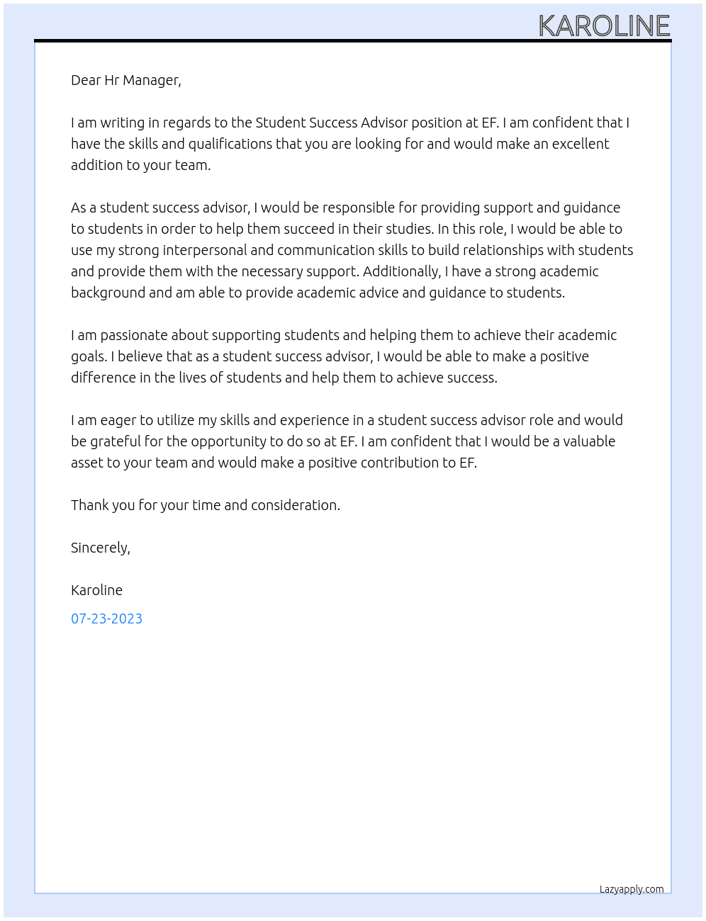 Student Success Advisor At EF Cover Letter