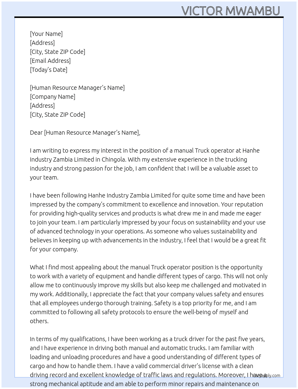 Application for Employment as a manual Truck operator  At Hanhe lndustry Zambia Limited  Cover Letter